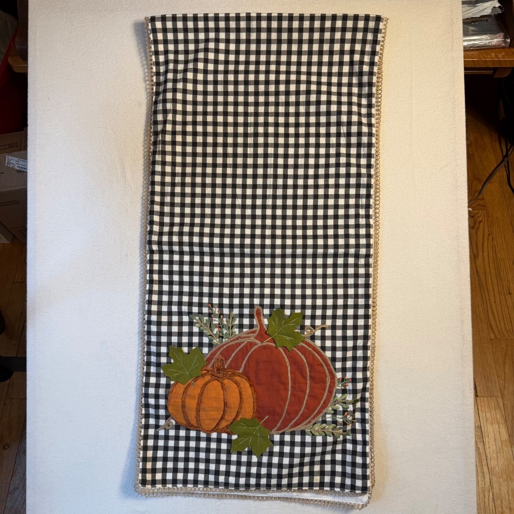 Rachel Ashwell The Prairie Pumpkin Gingham Table Runner Black White Farmhouse